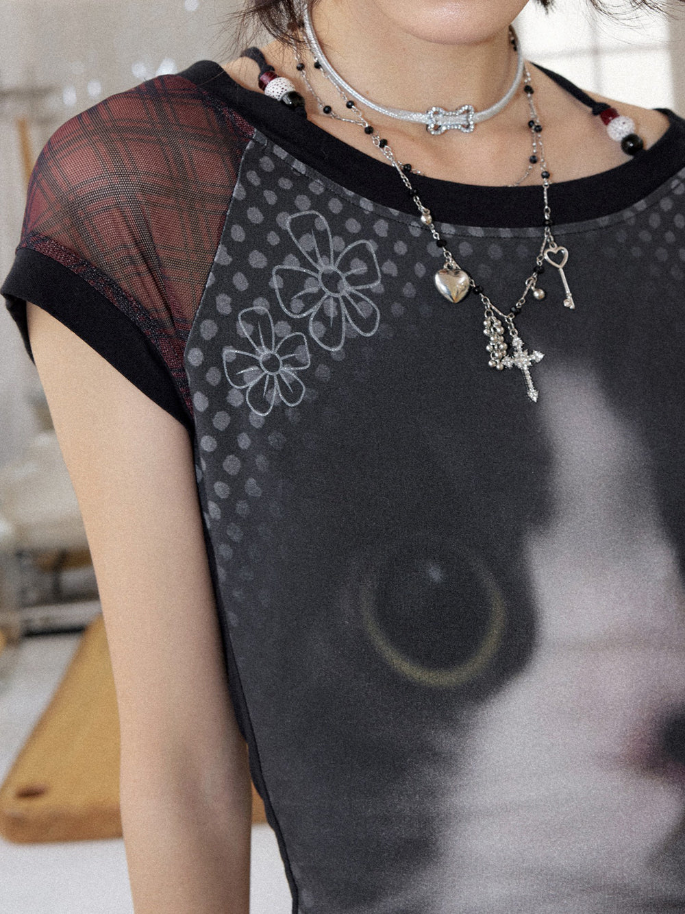 Cat Graphic Plaid Raglan Short Sleeve Top