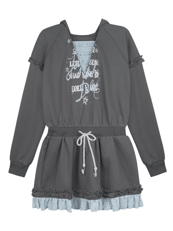 Graphic Lace-Trim Hooded Mini Dress