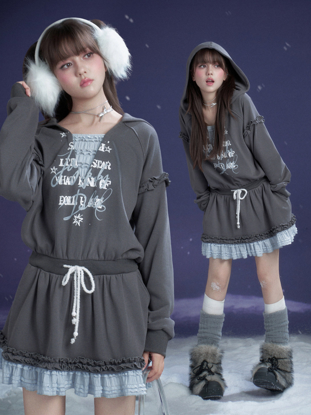 Graphic Lace-Trim Hooded Mini Dress