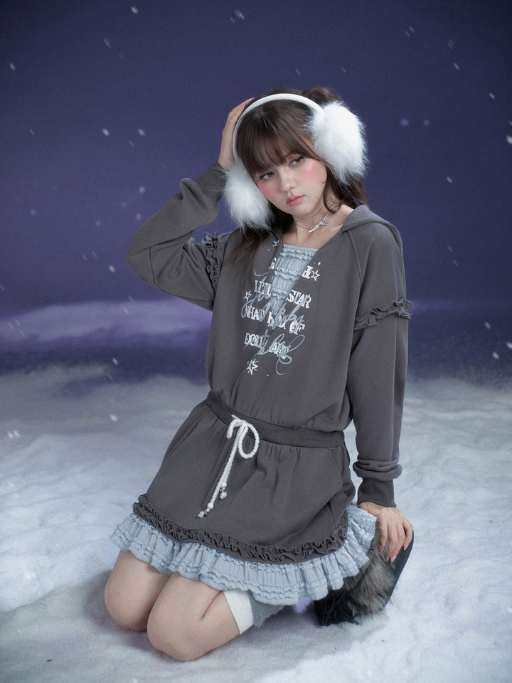 Graphic Lace-Trim Hooded Mini Dress