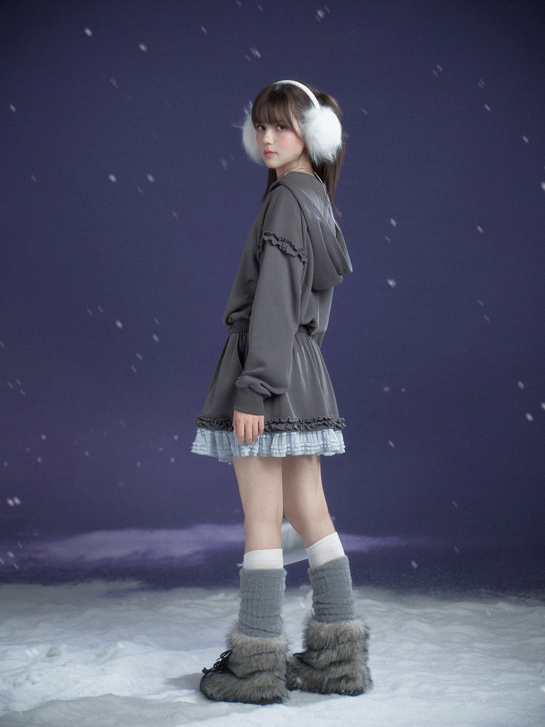 Graphic Lace-Trim Hooded Mini Dress