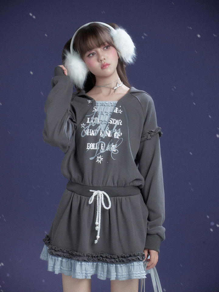 Graphic Lace-Trim Hooded Mini Dress