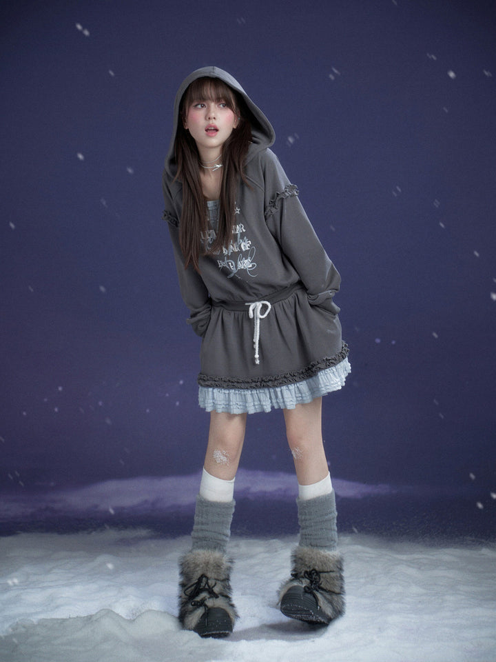Graphic Lace-Trim Hooded Mini Dress
