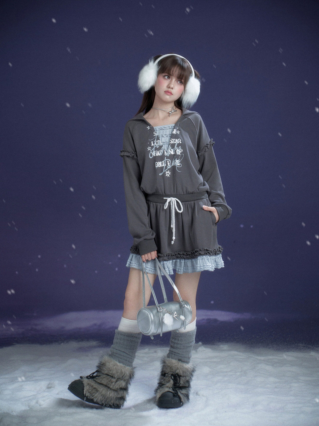 Graphic Lace-Trim Hooded Mini Dress