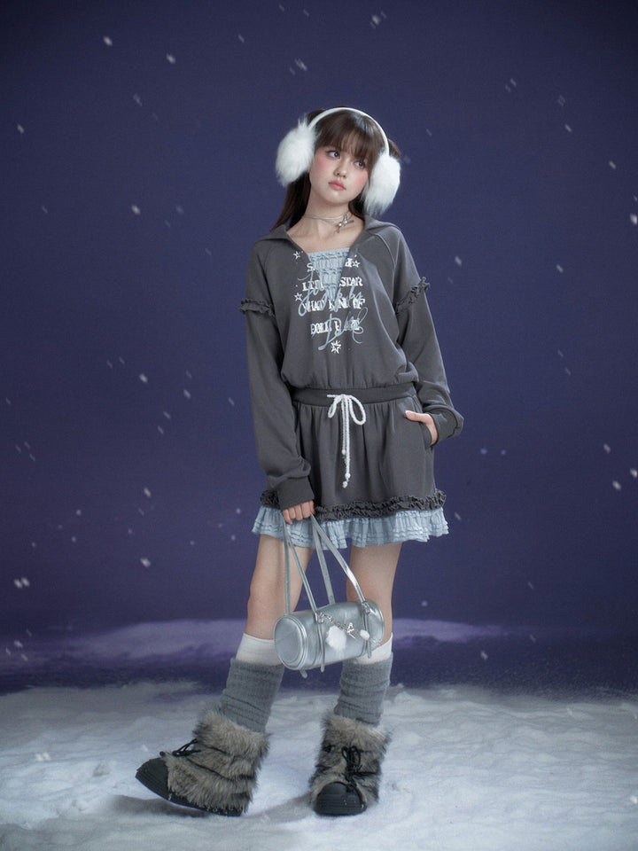 Graphic Lace-Trim Hooded Mini Dress