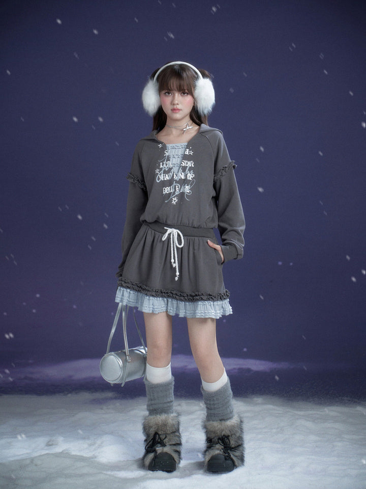 Graphic Lace-Trim Hooded Mini Dress