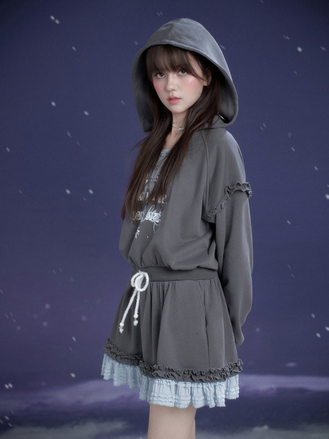 Graphic Lace-Trim Hooded Mini Dress