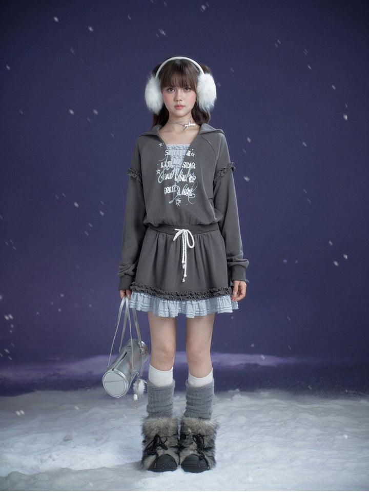 Graphic Lace-Trim Hooded Mini Dress