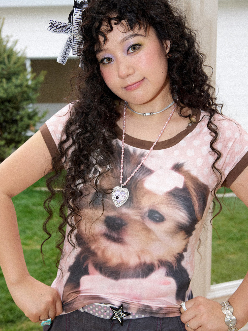 Dog Graphic Polka Dot Halter Short Sleeve Top