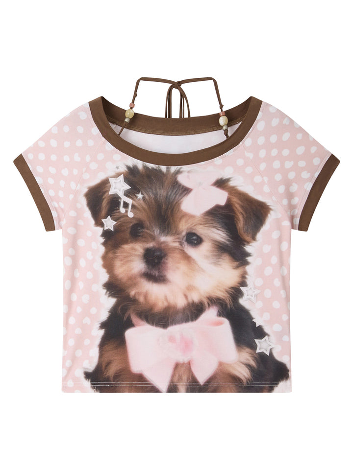 Dog Graphic Polka Dot Halter Short Sleeve Top