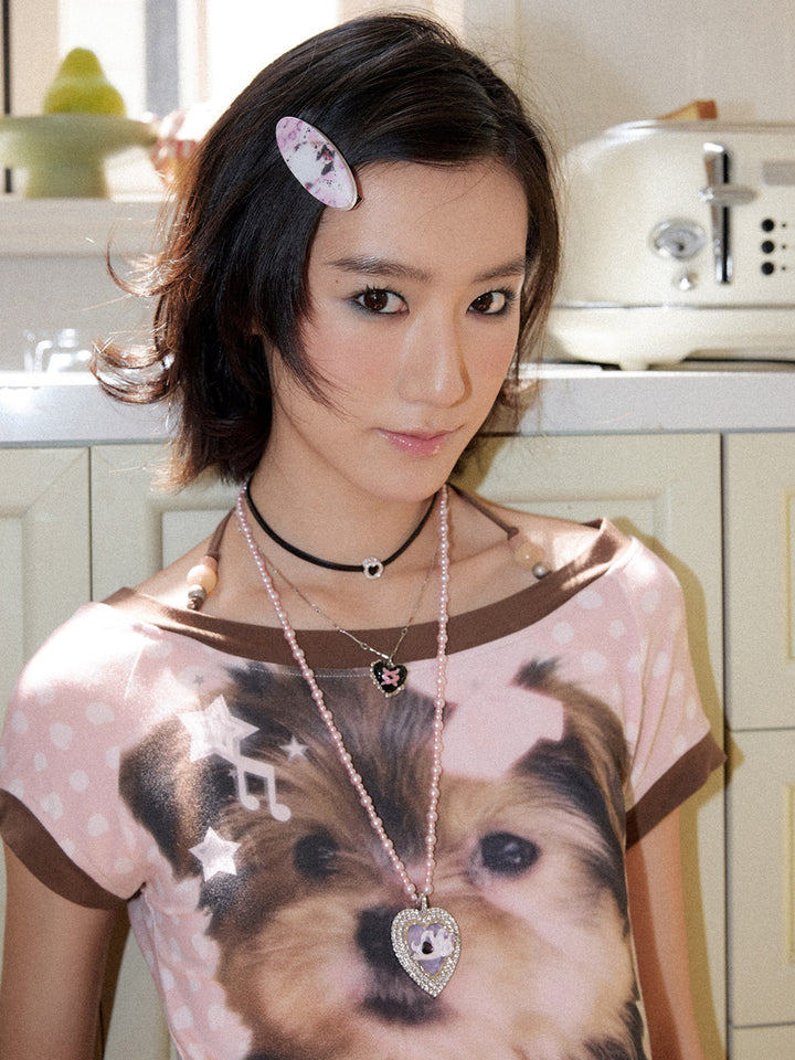 Dog Graphic Polka Dot Halter Short Sleeve Top