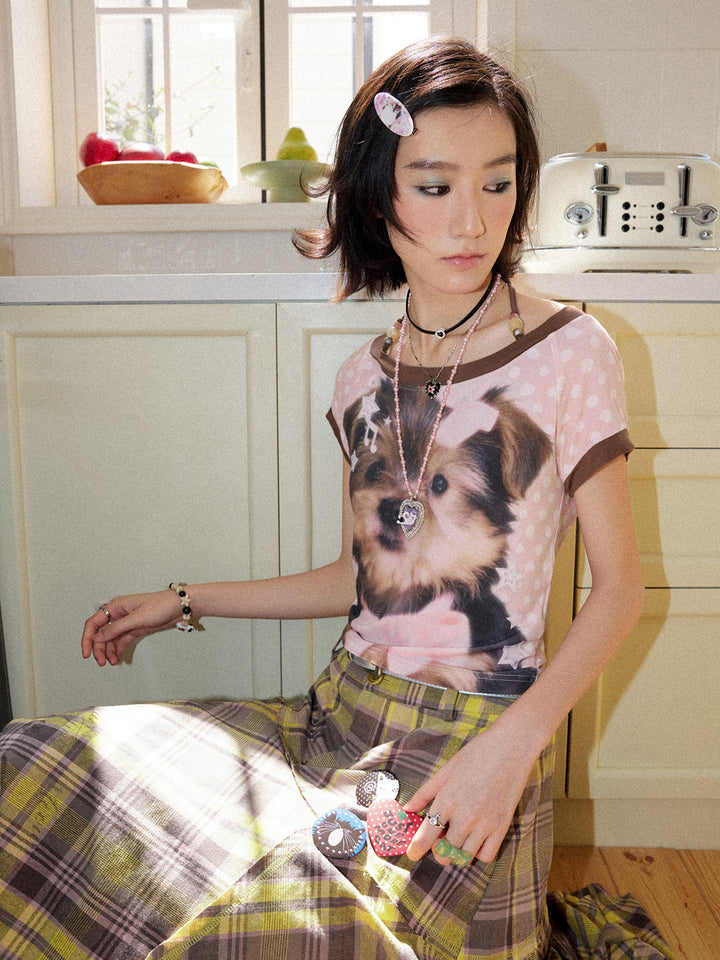 Dog Graphic Polka Dot Halter Short Sleeve Top
