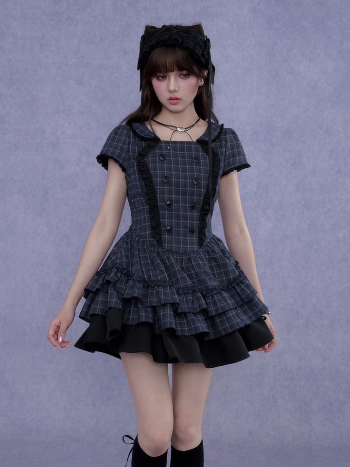 Plaid Double-Breasted Ruffle Mini Dress