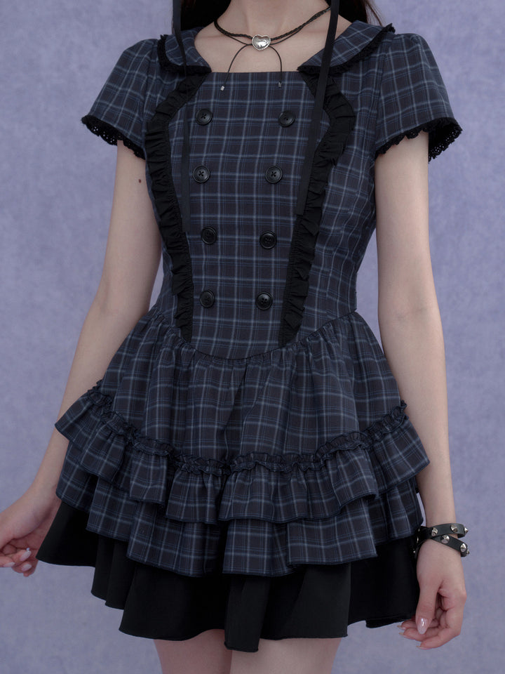 Plaid Double-Breasted Ruffle Mini Dress