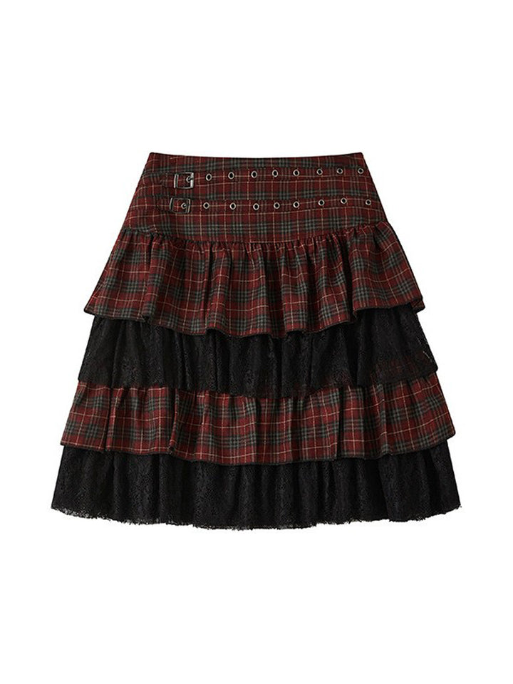 Punk Graphic Plaid Tiered Midi Skirt