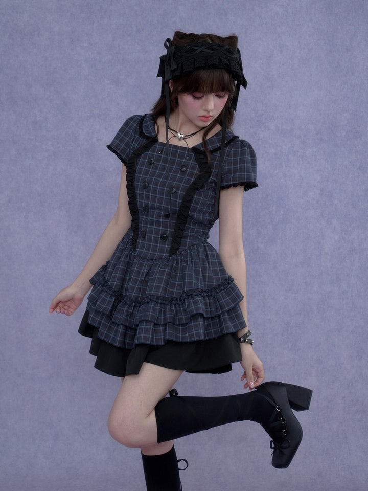 Plaid Double-Breasted Ruffle Mini Dress