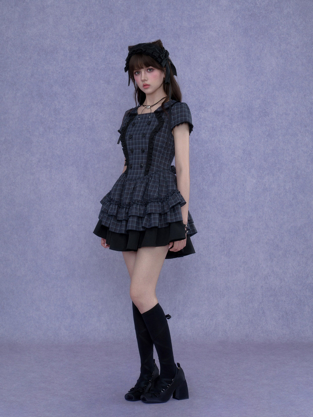 Plaid Double-Breasted Ruffle Mini Dress