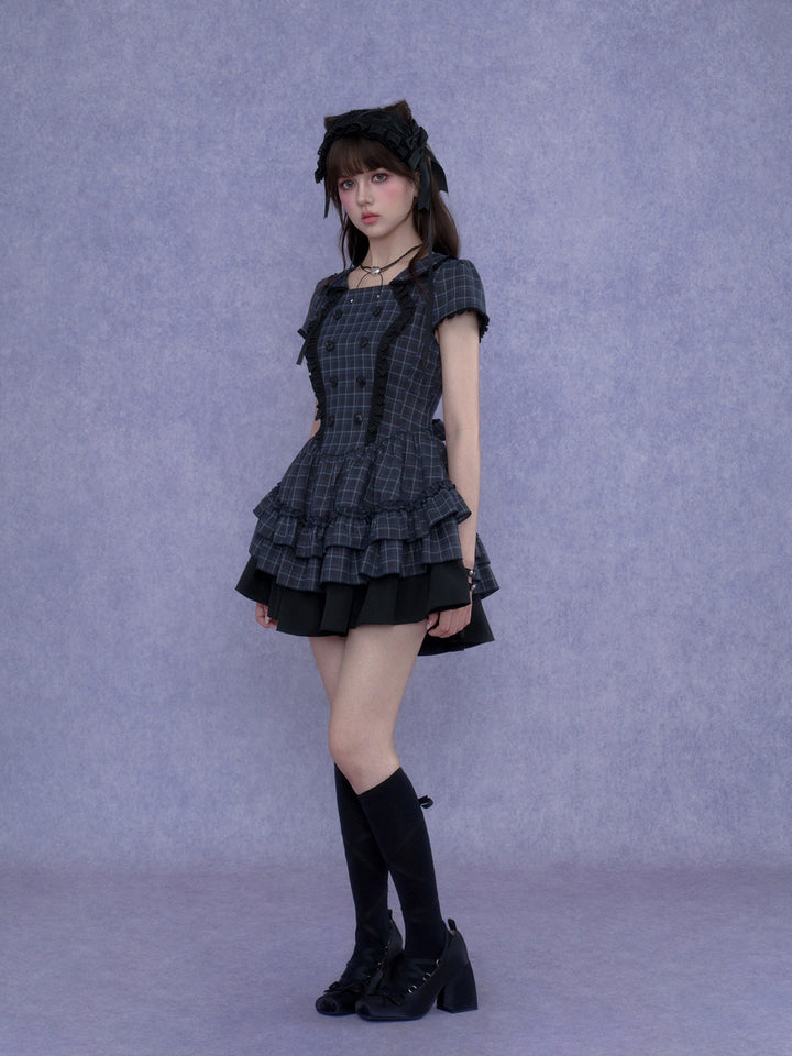 Plaid Double-Breasted Ruffle Mini Dress