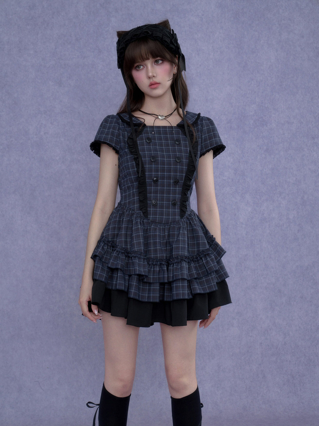 Plaid Double-Breasted Ruffle Mini Dress