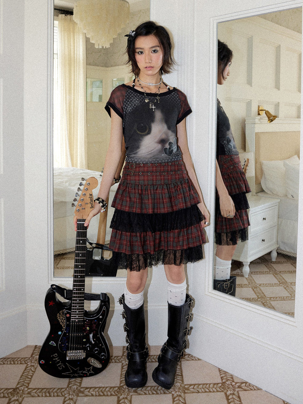 Punk Graphic Plaid Tiered Midi Skirt