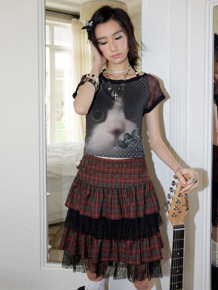 Punk Graphic Plaid Tiered Midi Skirt