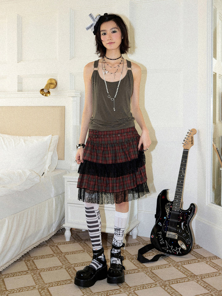 Punk Graphic Plaid Tiered Midi Skirt