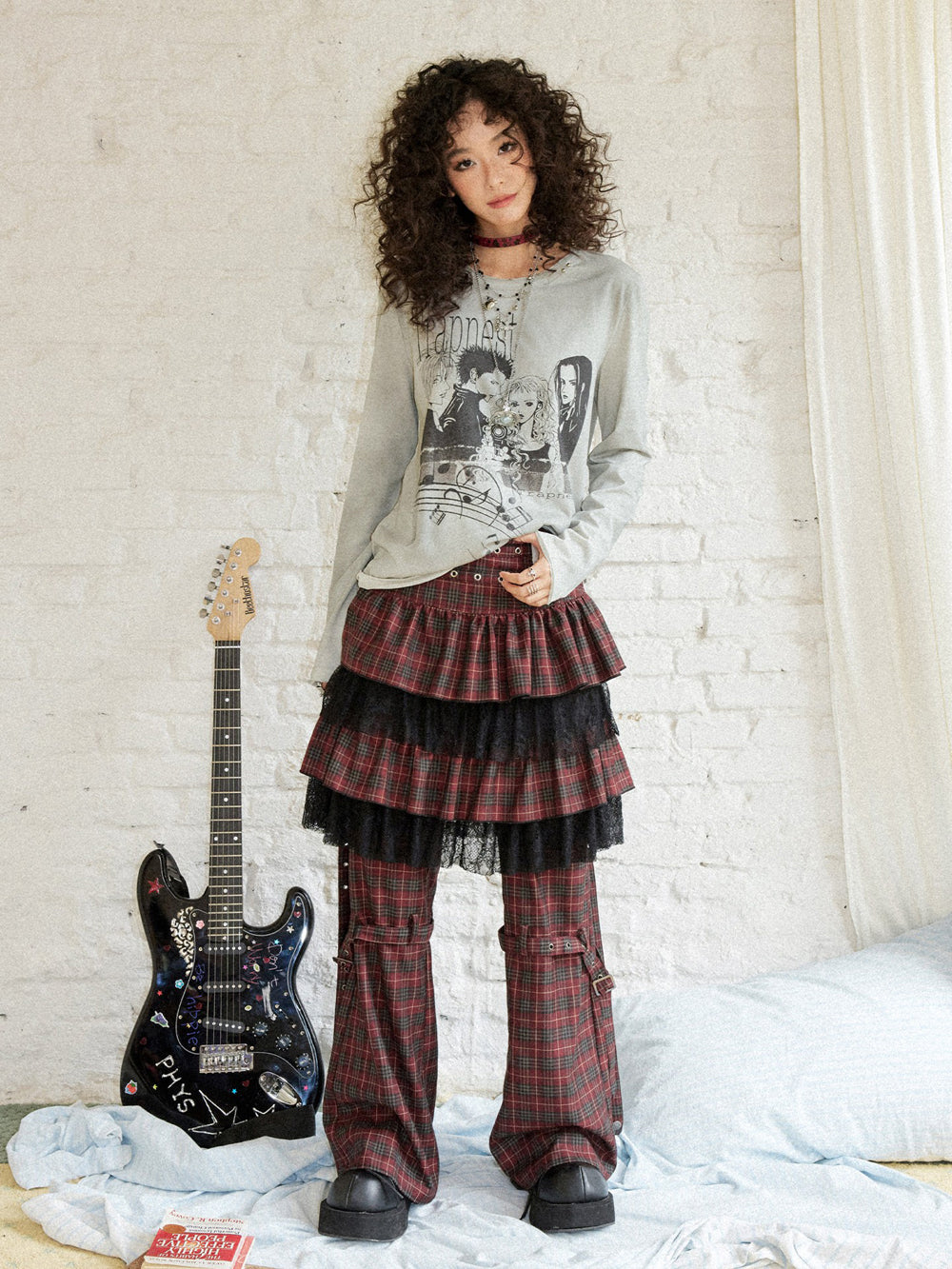 Punk Graphic Plaid Tiered Midi Skirt