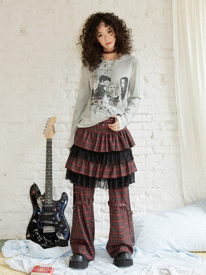 Punk Graphic Plaid Tiered Midi Skirt