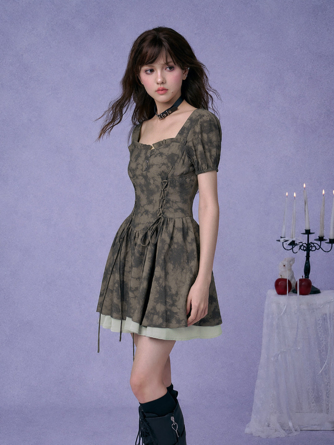 Marbled Lace-Up Corset Mini Dress