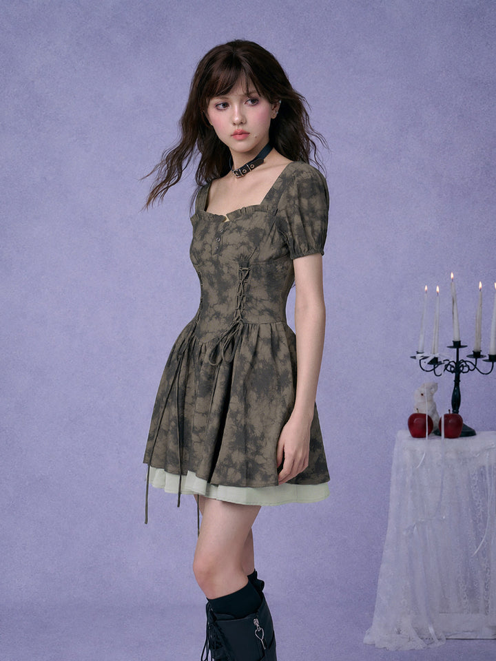 Marbled Lace-Up Corset Mini Dress