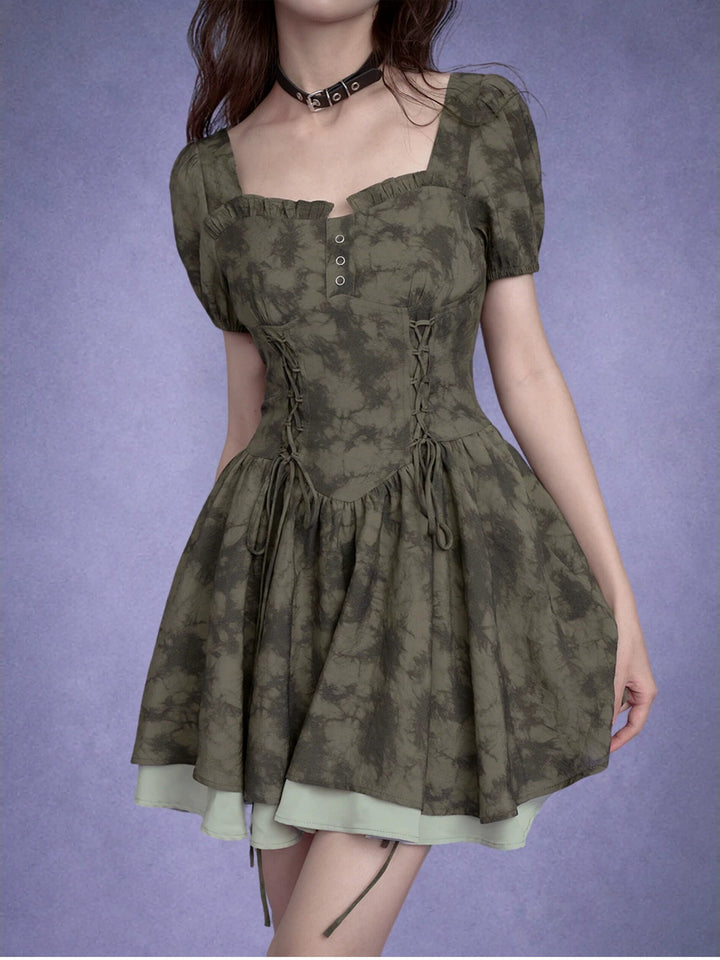 Marbled Lace-Up Corset Mini Dress