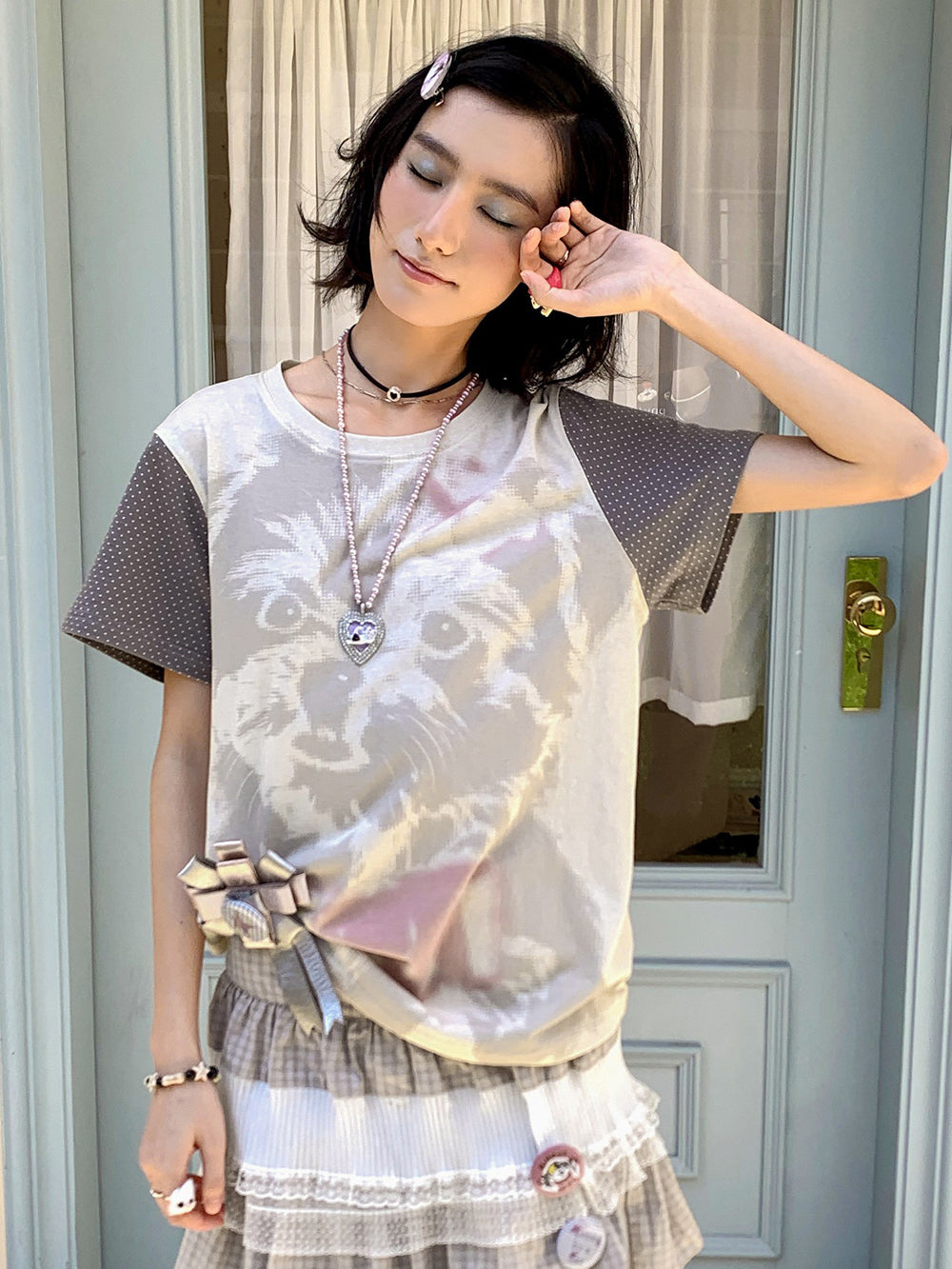 Puppy Graphic Polka Dot Sleeve T-Shirt