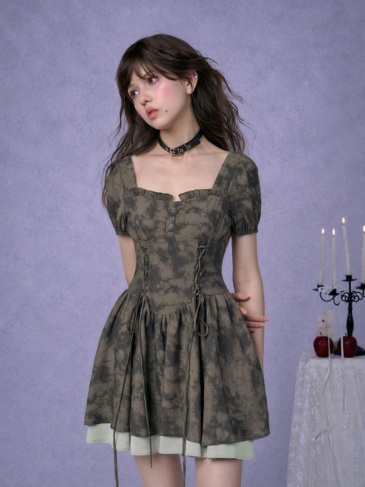 Marbled Lace-Up Corset Mini Dress