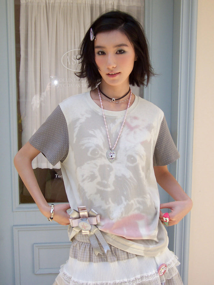 Puppy Graphic Polka Dot Sleeve T-Shirt