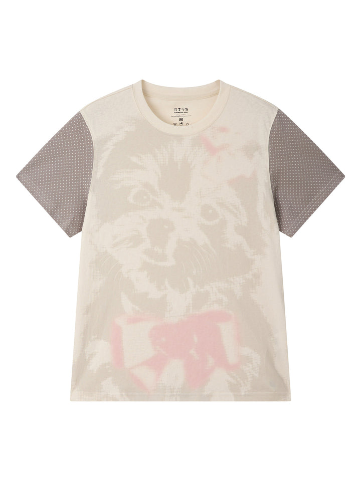 Puppy Graphic Polka Dot Sleeve T-Shirt
