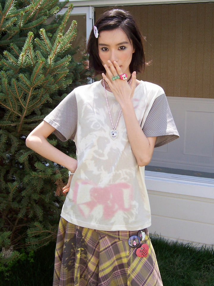 Puppy Graphic Polka Dot Sleeve T-Shirt