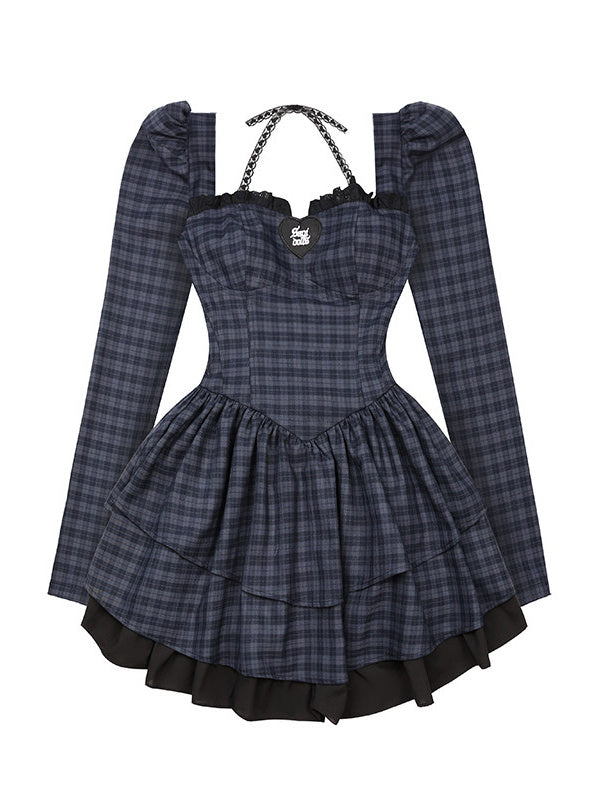Plaid Cross-Strap Tiered Mini Dress