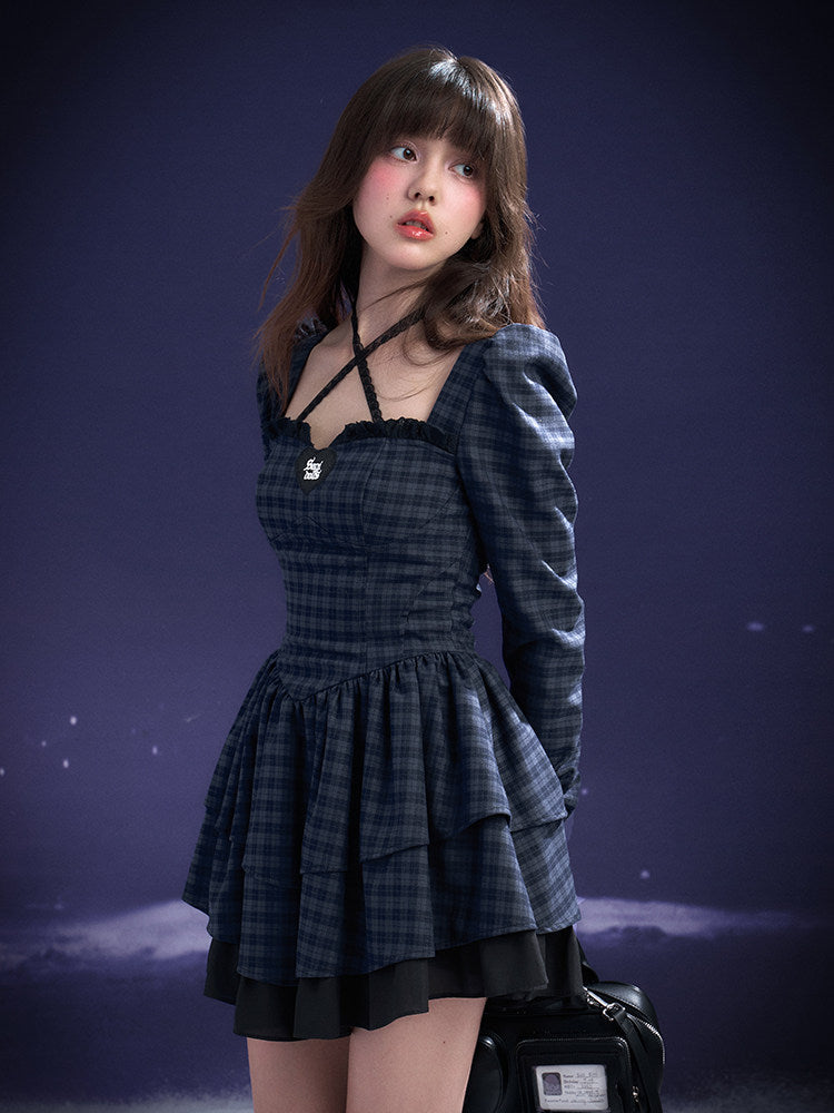 Plaid Cross-Strap Tiered Mini Dress