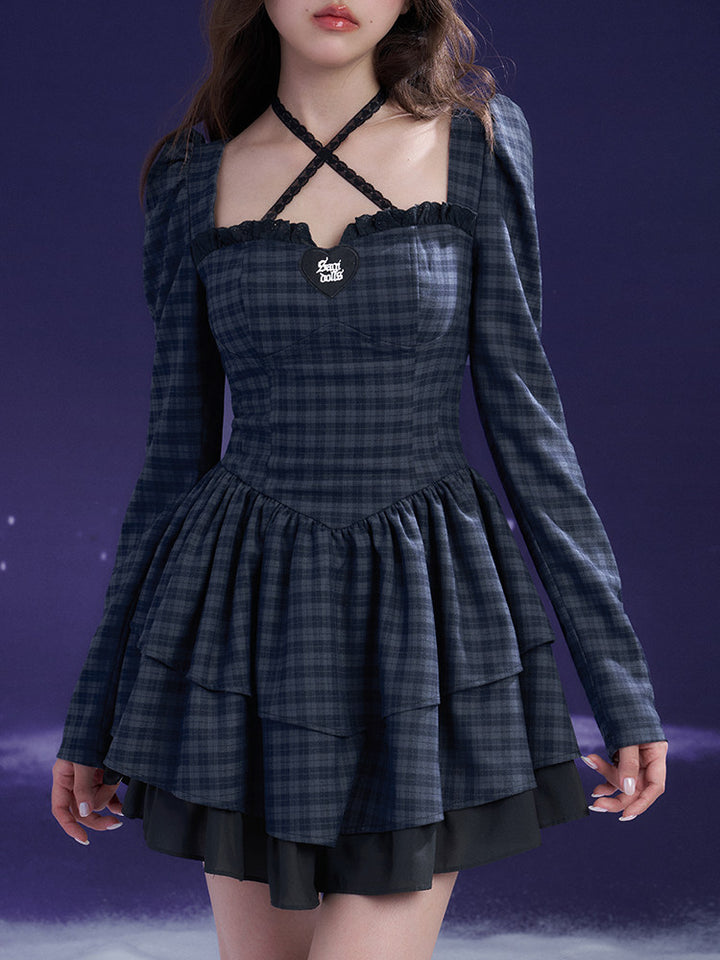 Plaid Cross-Strap Tiered Mini Dress
