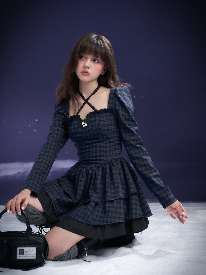 Plaid Cross-Strap Tiered Mini Dress