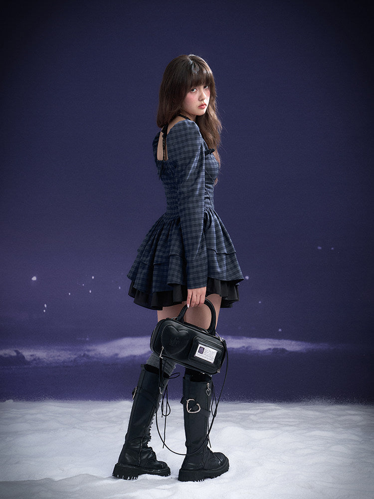 Plaid Cross-Strap Tiered Mini Dress