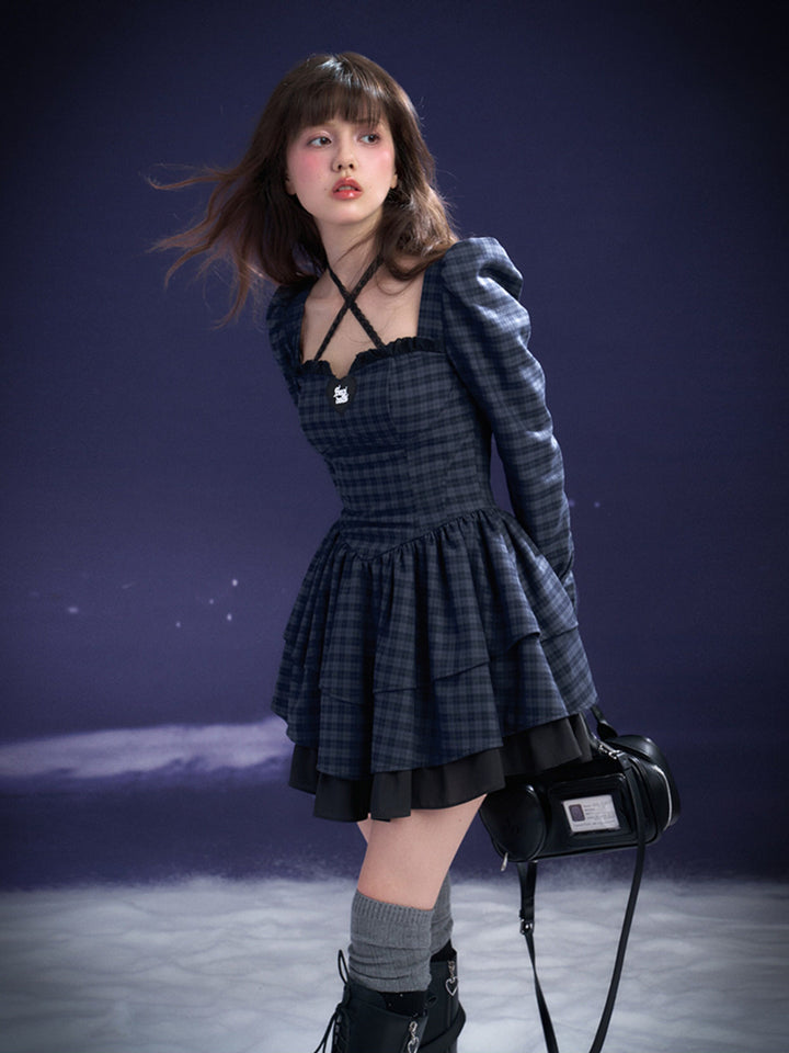 Plaid Cross-Strap Tiered Mini Dress