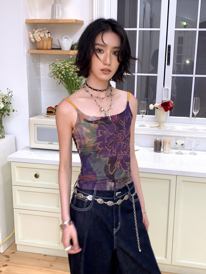 Purple Floral Beaded Cami Top