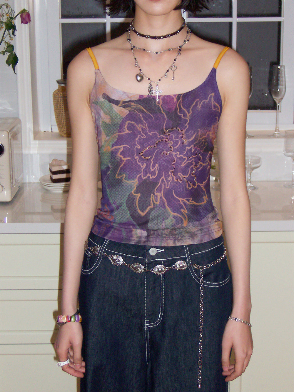 Purple Floral Beaded Cami Top