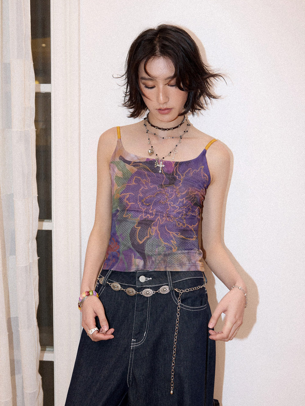 Purple Floral Beaded Cami Top