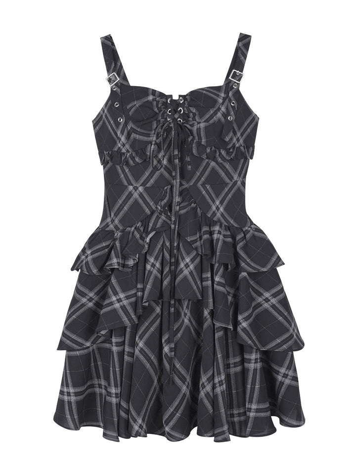 Buckle Strap Plaid Ruffle Mini Dress