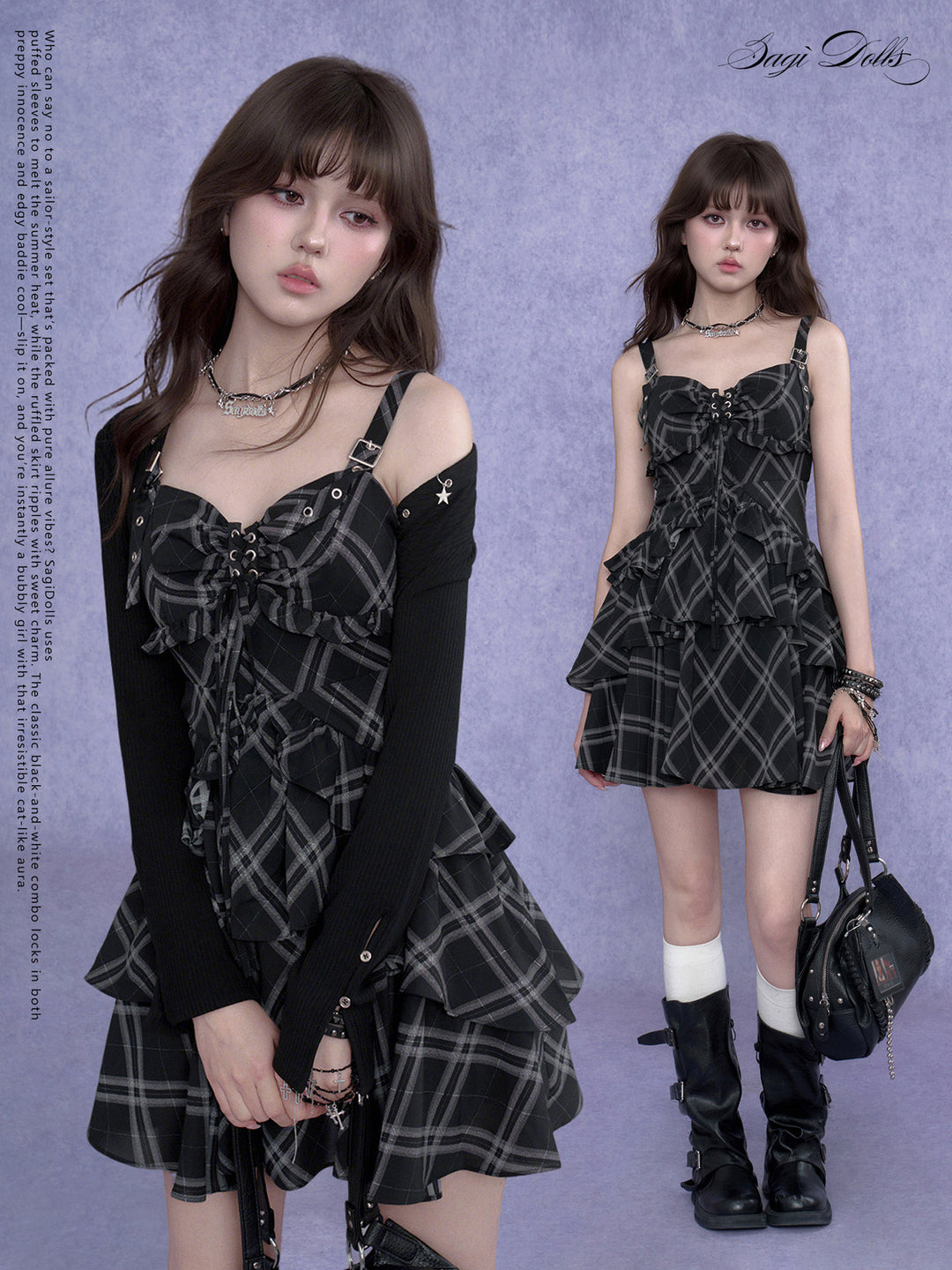 Buckle Strap Plaid Ruffle Mini Dress