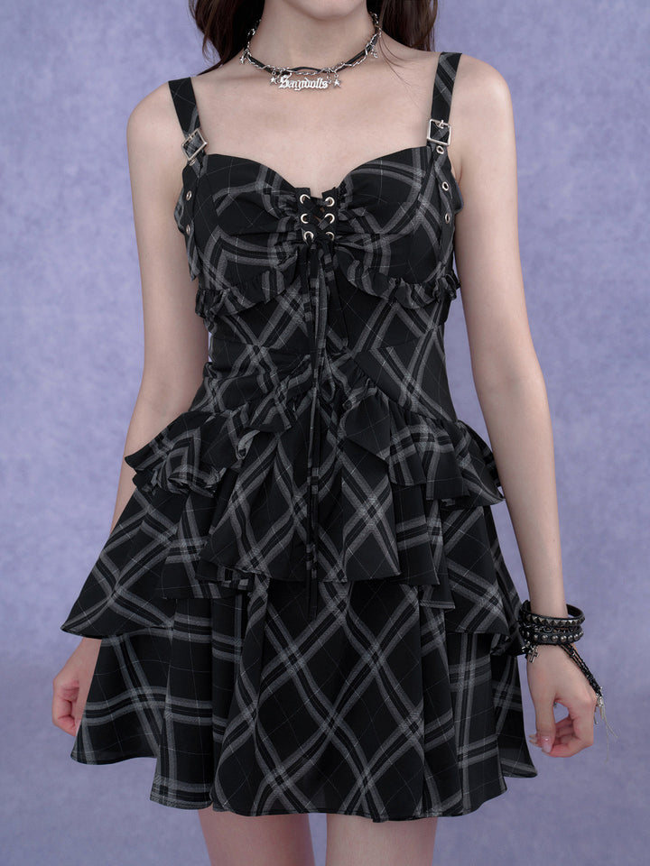 Buckle Strap Plaid Ruffle Mini Dress