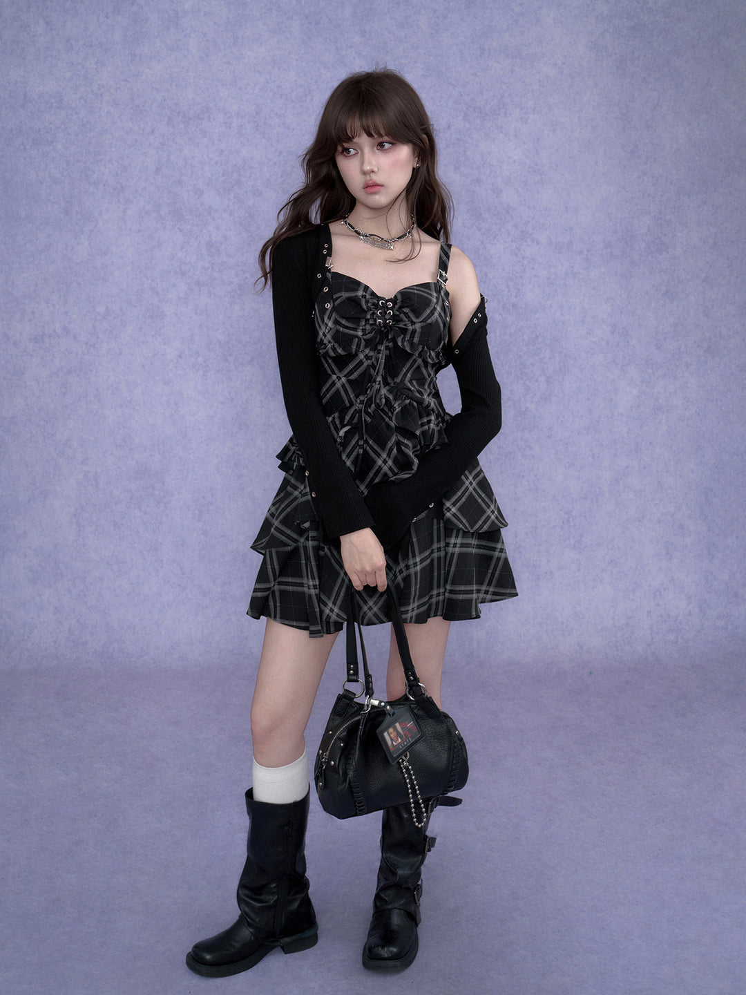 Buckle Strap Plaid Ruffle Mini Dress