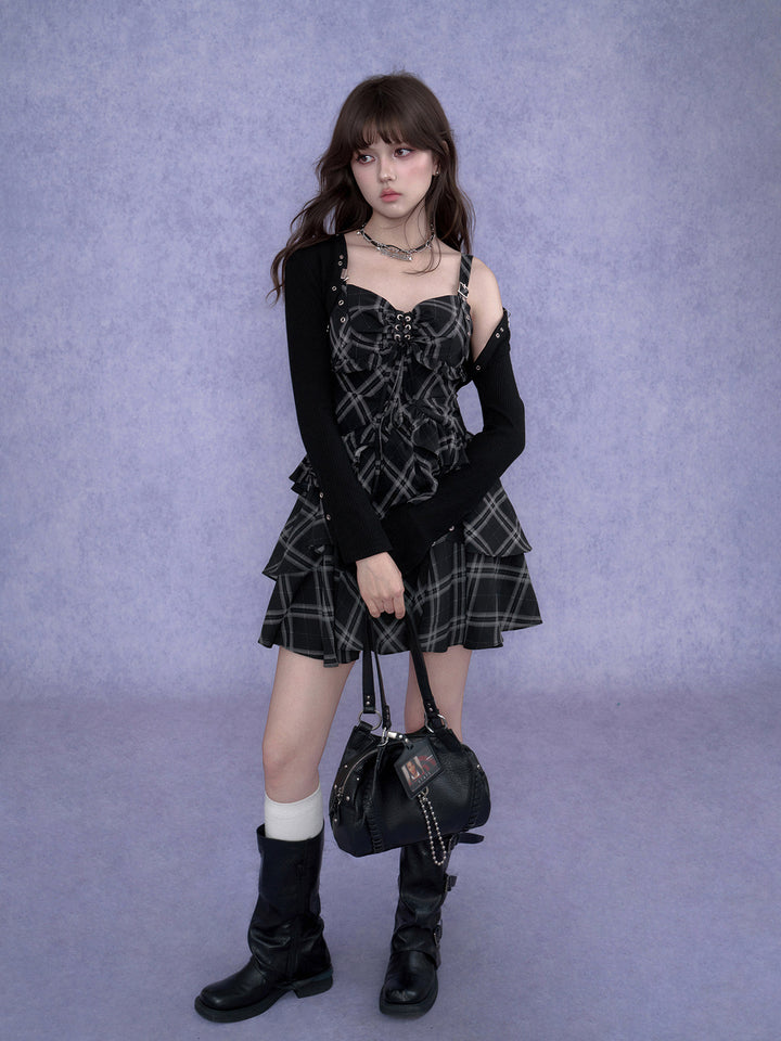 Buckle Strap Plaid Ruffle Mini Dress
